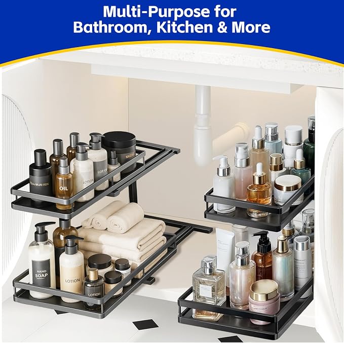 Under Sink Organizer, Dual-Rail Ball-Bearing, Under Kitchen Sink Organizer, 6-Level Adjustable, Under Cabinet Organizer, No-Drill Adhesive/Suction, Under Sink Storage (Black, Double Layer - 1 Pack)