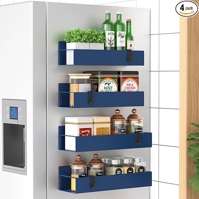 HuggieGems 4 Pack Magnetic Spice Storage Rack Organizer for Refrigerator and Oven, Royal Blue Fridge Organizers and Storage