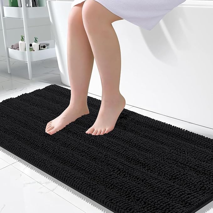 OLANLY Thick Large Bathroom Rugs 50x30, Extra Soft Absorbent Chenille Striped Bath Rugs, Rubber Backing, Machine Wash Dry, Bath Mats for Bathroom Floor, Tub and Shower, Home Decor Accessories, Black