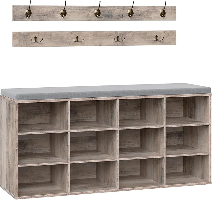 HOOBRO Shoe Storage Bench with Cushion, 39.4" L Entryway Bench with 12 Cubbies, Entryway Hall Tree with Storage, Shoe Cabinet with Coat Rack for Bedroom, Hallway, Holds up to 330 lb, Gray GY112HX01
