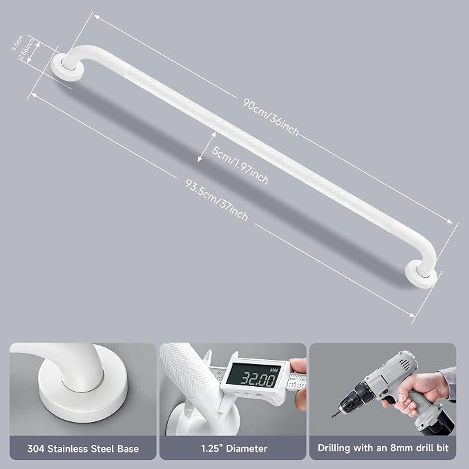 36 Inch Shower Grab Bar 1.25" Dia, 2 Pack White Anti Slip Bathroom Grab Bar, 304 Stainless Steel Knurled Handicap Grab Bars, Safety Support Handrail,Bath Shower Handle for Elderly Injury Senior