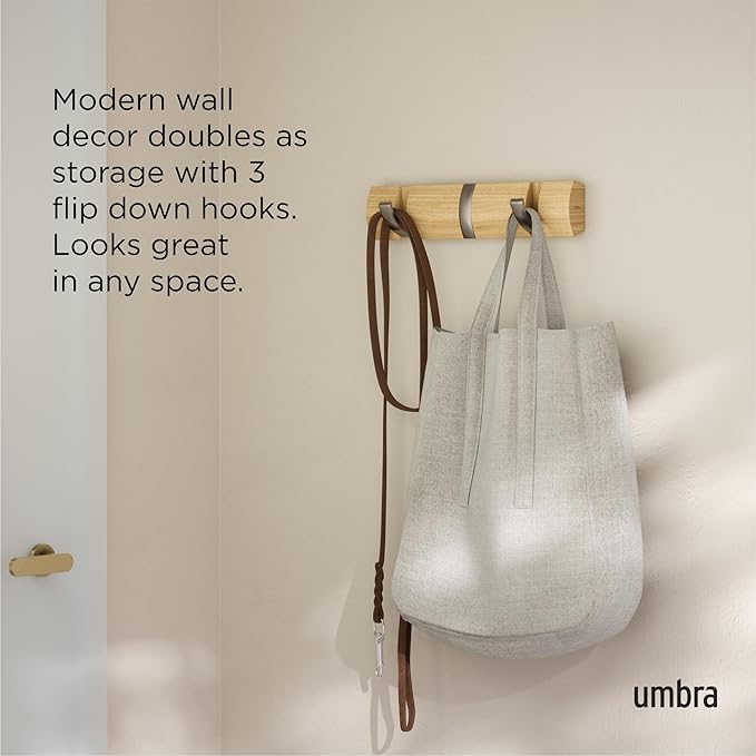 Umbra Flip Wall-Mounted Coat Rack with 3 Hooks – Modern, Space-Saving Storage for Hats, Jackets, Bags, Entryway, Mudroom, Closet, Bathroom, Bedroom – Natural/Nickel