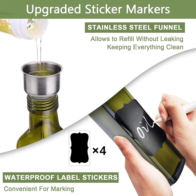 Leaflai 2 Pcs Green Glass Olive Oil Dispenser and Vinegar Dispenser Set with 2 Stainless Steel Pourers, 4 Labels, 1 Brush, 1 Funnel (500ml) for Kitchen, Cooking, Salad Dressing, Barbecue, Mixing