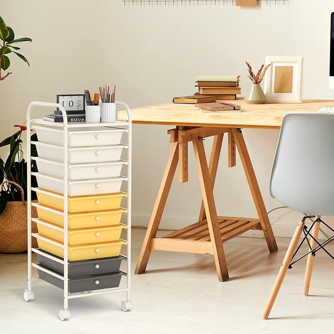 10-Drawer Rolling Storage Cart, Trolley w/Lockable 360° Wheels, 10 Removable PP Drawers, Sturdy Metal Frame, Rolling Utility Cart Perfect for Home, Office, Classroom (Yellow)