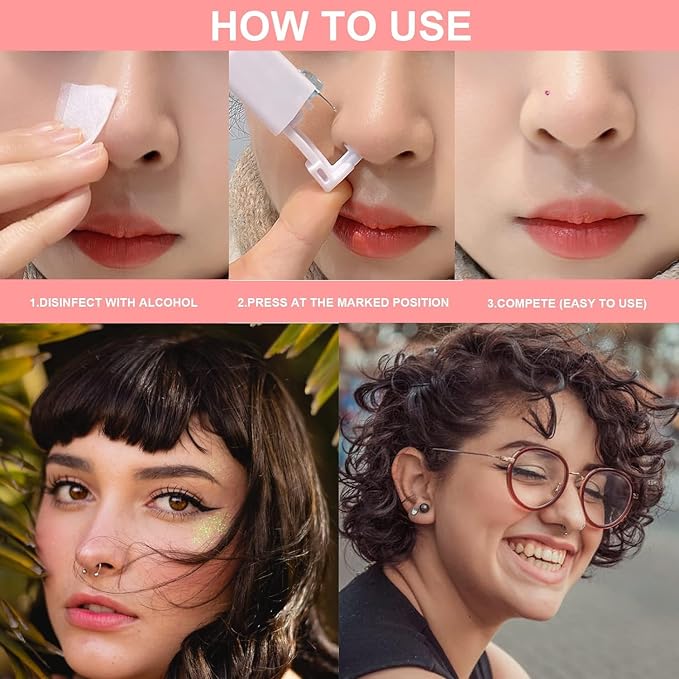 Nose Piercing Gun Kit 6Pcs Disposable Nose Piercing Kit Including 2Pcs Self Nose Piercing Gun with 2Pc Built-in Nose Stud and 2Pcs Clean Tools for Nose Cartilage Piercing Kit(Gold) (Black)
