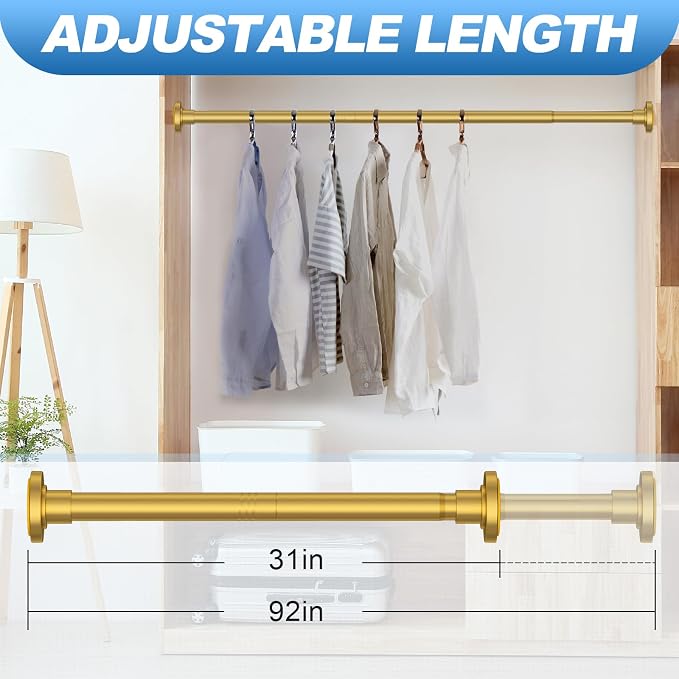 CorkLatta Gold Shower Curtain Rod 31 to 92 Inch,1 Inch Diameter Adjustable Spring Tension Stainless Steel Telescoping Rod,Easy Install,No Rust