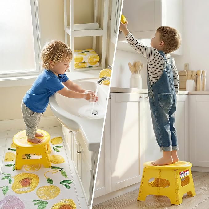 ACSTEP Folding Step Stool 9 Inch, Sturdy Collapsible Step Stool Foldable Up to 265 lb for Kids Toddlers & Adults, Non Slip Foot Stools with Handle for Kitchen, Bathroom, Bedroom, Outdoor, Lemon Yellow