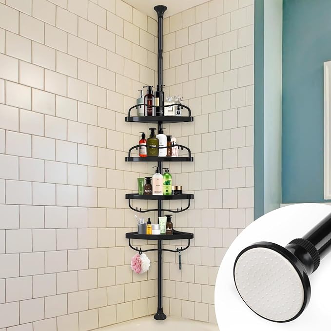 Corner Shower Caddy Tension Pole, Rustproof Bathtub Storage Organizer with 4 Adjustable Shelves, Bathroom Shower Rack Shampoo Holders for Inside Shower, 40"-120" Floor to Ceiling Shower Caddy Black