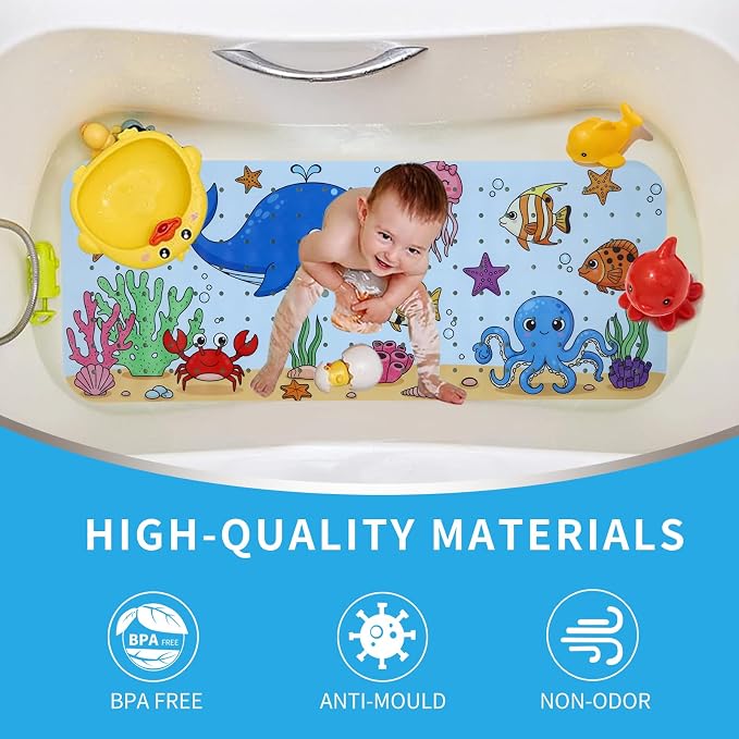 Bath Tub Shower Mat Non Slip Kids Bathtub Mat Anti Slip Baby Bath Mat for Tub 40 x 16 Inch Extra Long Toddler Bath Mat with Suction Cups and Drain Holes for Bathroom Floor,Machine Washable,Undersea