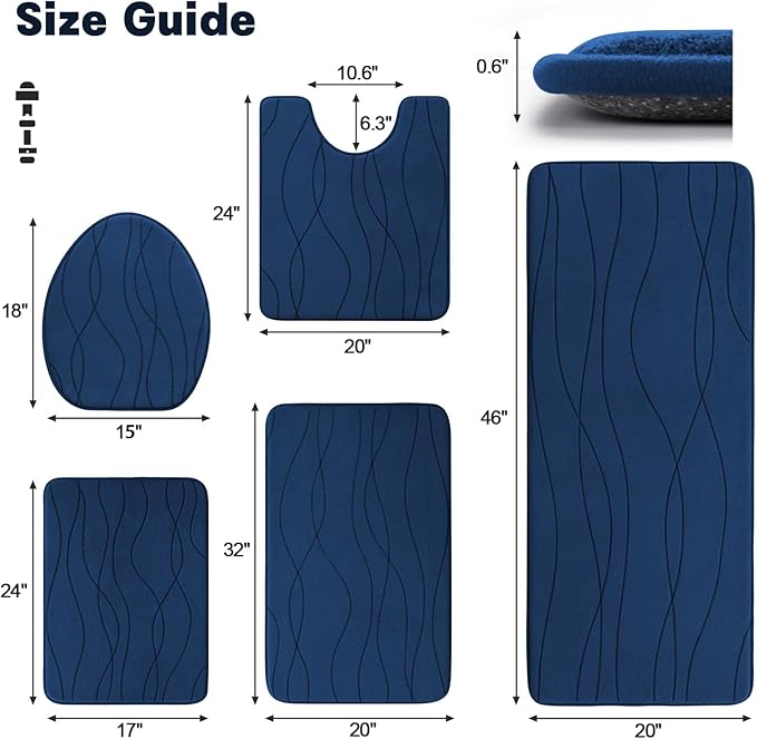 YIHOUSE Memory Foam Bathroom Rug Sets, Navy Blue, 5 Piece | Ultra Soft, Absorbent, Non-Slip, Machine Washable