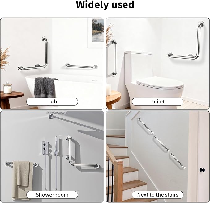 L-Shaped Angled Shower Grab Bar w/Straight Bathroom Safety Handrail 16 Inch, iHansee Brushed Nickel Handicap Grab Bar Wall Mounted, Toilet Bathtub Balance Support Bar for Elderly Seniors Injury