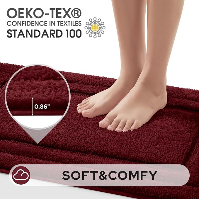 HOMEIDEAS Bathroom Rugs Sets 2 Piece, Super Soft and Absorbent Non Slip Microfiber Machine Washable Bath Mat Set (20" x 47" + 16" x 24", Burgundy Red)