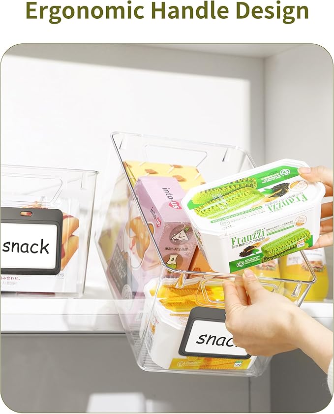 iCASA Clear Organizer Bins - 6 Pack Plastic Pantry Organizers & Storage Containers with Handles & Labels, Home Organization Must Haves for Kitchen, Under Sink, Cabinet Fridge, Bathroom, Shelf, Laundry