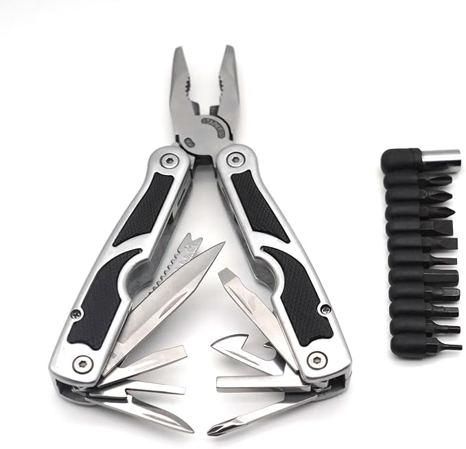 PLB027 stainless steel multi-function plier. 27 functions with knife, fish scaler, screwdrivers, can and bottle opener, 11 bits and 1 socket. Hand size and easy to carry and use indoor, outdoor