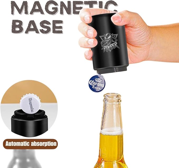 Magnetic Push Down Bottle Opener, Black, Automatic Beer Opener with Cool Design, Premium