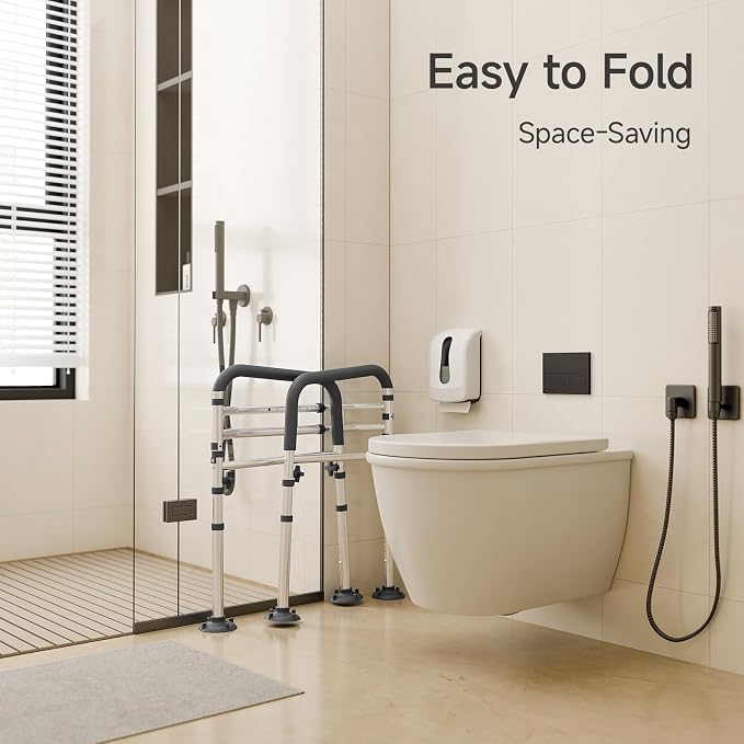 Loyoda Toilet Safety Rails,Height-Adjustable Toilet Frame Width-Adjustable Toilet Handles Foldable Toilet Rail Provides Support for Seniors ， Pregnant ，Disabled （Gray）