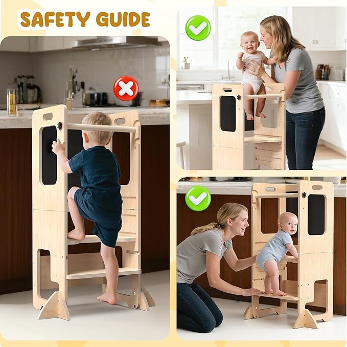 Toddler Kitchen Step Stool, Adjustable Height Learning Standing Tower with Blackboard, Wooden Kitchen Stool Helper for Kids, 1-3 Year Old Boy Girl Gifts