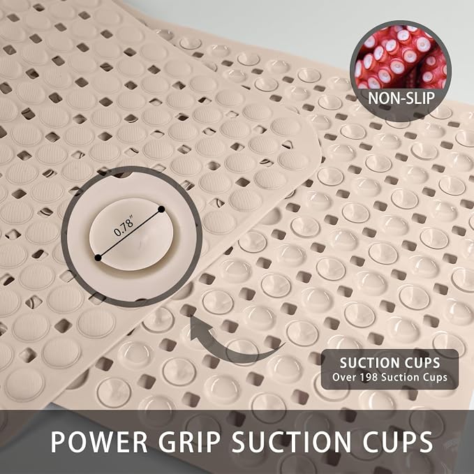 Extra Large Non-Slip Bathtub Mat, 36x17” TPR Shower Mat with 198+ Suction Cups, Bath Mat for Elderly/Kids, Machine Washable & Fast Drainage, Foot Massage Design (Khaki, Extra Large)