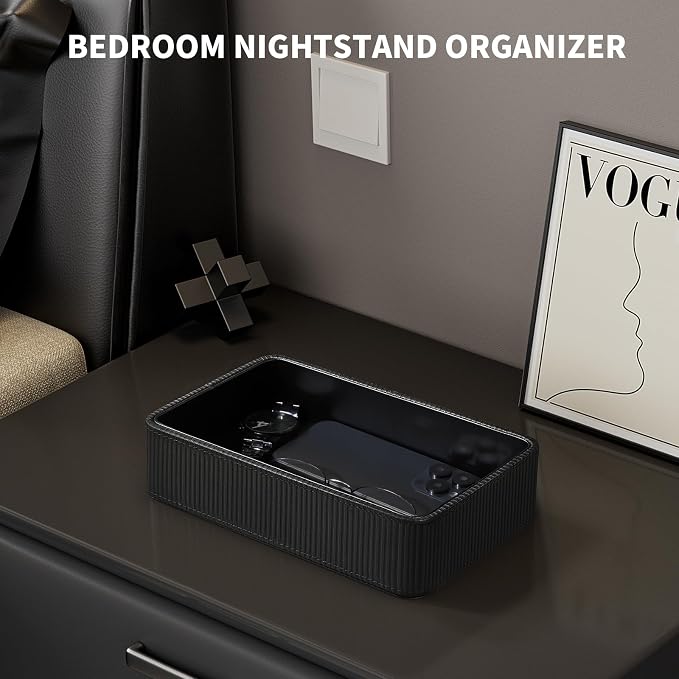 PU Leather Valet Tray Organizer, Small Nightstand Organizer Bedside Desktop Storage for Womens and Men, Perfume Trinket Catchall Vanity Tray for Key Watch Wallet (Black, Rectangular)