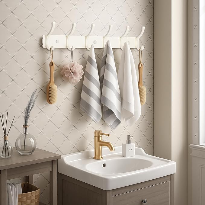 Dntorx Coat Rack Wall Mount, 1 Pack Coat Hooks Hanger Wall Double Hook Rack Rail Towel Hat Rack Entryway Bathroom Hanger Organizer for Robes, Clothes, Bags, Hat(White)