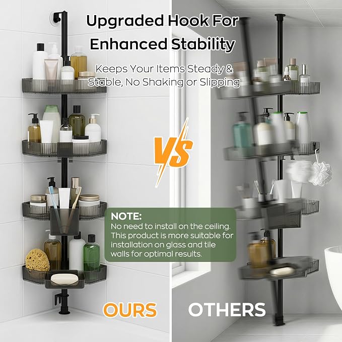 Corner Shower Caddy Extendable Rustproof Shower Organizer Adjustable 4-Tier Bathroom Shelves Anti-Tipping Bathtub Shampoo Storage Floor Standing Bath Rack 45-75 Inch No-Drill Quick Installation