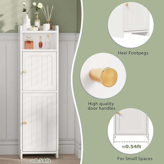 BEWISHOME Small Bathroom Cabinet, Bathroom Storage Cabinet with Adjustable Shelves & 2 Doors, Narrow Toilet Paper Cabinets, 7.9" D x 9.8" W x 31.5" H, for Small Spaces, White YYG13W