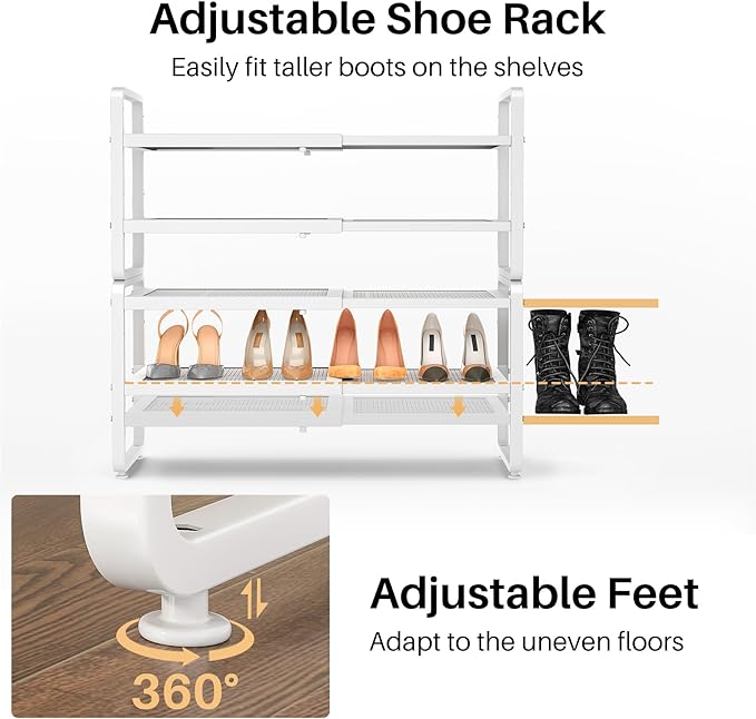 SNTD Shoe Rack - Expandable Shoe Organizer for Closet, Adjustable Metal Shoe Shelf Storage, Stackable Long Shoe Stand Holder for Garage, Entryway, Door Entrance (White, 4-Tier)