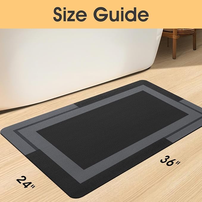 ACCUMTEK Non Slip Bath Mat, Thin Bathroom Rugs Fit Under Door, Quick Dry Bath Mats, Machine Washable Bath Rugs for Bathroom, Bathtub & Kitchen, Bathtub, Black/Bordered/36 x24