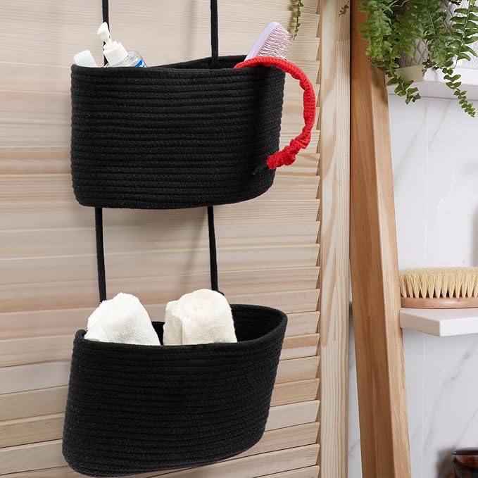TeoKJ Over the Door Hanging Basket, 3-Tier Woven Cotton Wall-Mounted Storage Organizer Bag Decorative Hanging Nursery Baskets, Black