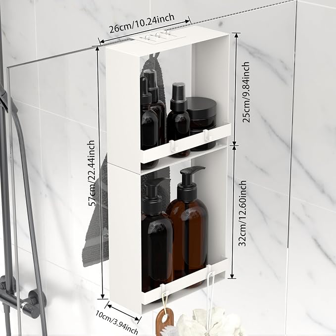 Over the Glass Shower Caddy Hanging, 2 Tier Stainless Steel Rustproof Shower Organizer Over the Door with Hooks, Bathroom Organizers and Storage Rack, Bathroom Decor Shelves - White