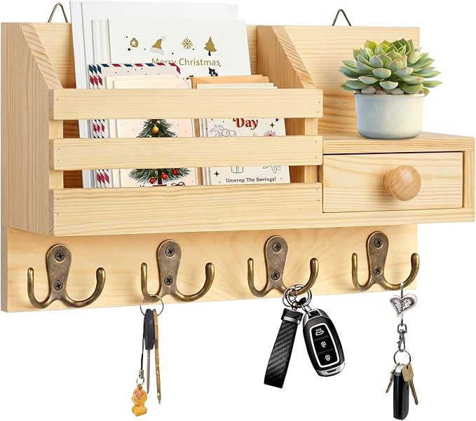Key Holder Wall Mount, Wooden Adhesive Mail and Key Organizer with Drawer, Small Shelf, 8 Hooks, 2 Installation Methods, Natural