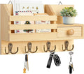 Key Holder Wall Mount, Wooden Adhesive Mail and Key Organizer with Drawer, Small Shelf, 8 Hooks, 2 Installation Methods, Natural