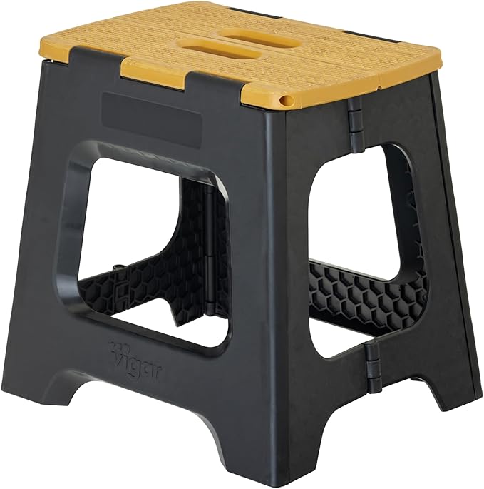 Vigar Compact Folding Step Stool - 12-1/2 Inch Foldable Step Stool for Adults, Lightweight Portable Stool with Handle, Non Slip Step Stool, Space-Saving Stool up to 330 lb - Black, Bamboo Print Top