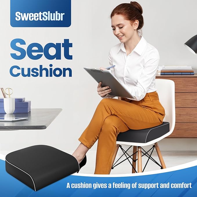 SweetSlubr Seat Cushion for Tailbone Pain Relief, Office Chair Cushion, Memory Foam Large Chair Cushion with Non-Slip Cover for Soft Support at Office Chair, Car Seat, Airplane Black/XLarge