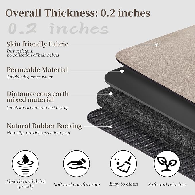 Bath Mat Rug 32x17 - Diatomaceous Earth Quick Dry Absorbing Tub and Shower Mat, Non Slip Thin Mat Fit Under Door, Taupe