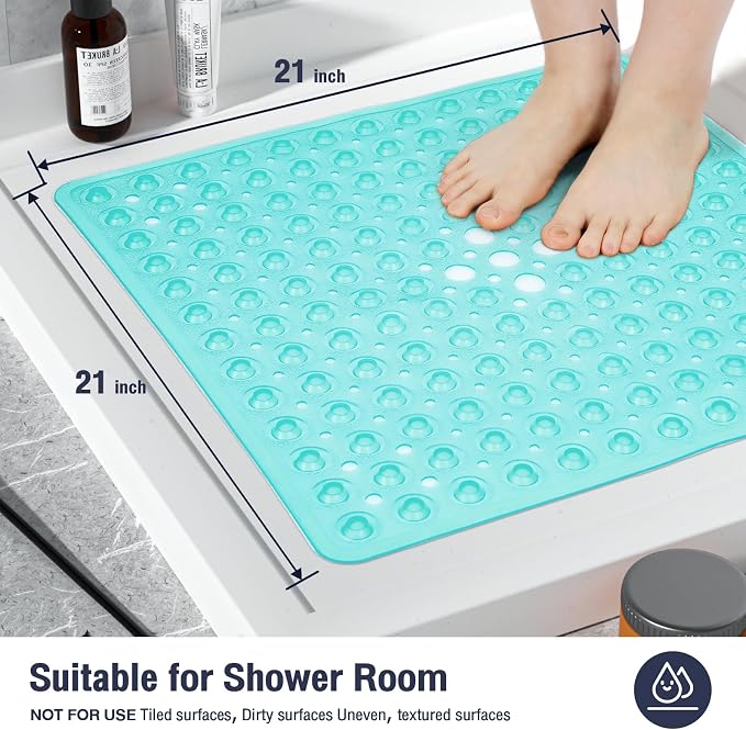 Square Shower Bathtub Mat Non Slip for Inside Shower Clear Green 21x21 Inch, Shower Stall Mats for Bathroom Floor, Soft Bath Mat for Tub with Big Suction Cups Drain Holes, Easy Washable Dry
