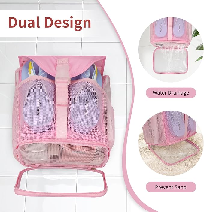 Ethereal Pink Hanging Mesh Shower Caddy Portable for College Dorm Room Essentials, Large Capacity Shower Bag for Guys/Girls, for Beach, Swimming, Gym