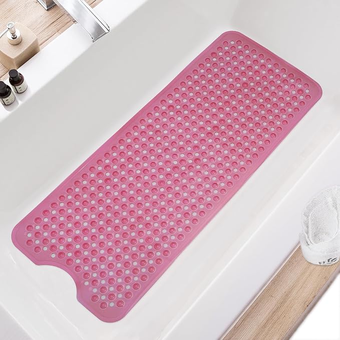 TEESHLY Bath Tub Shower Mat, Non Slip Bathtub Floor Liner Mats with Suction Cups and Drain Holes, Machine Washable Bathmat for Bathroom Floor Safety, 40 x 16 Inch, Clear Burgundy