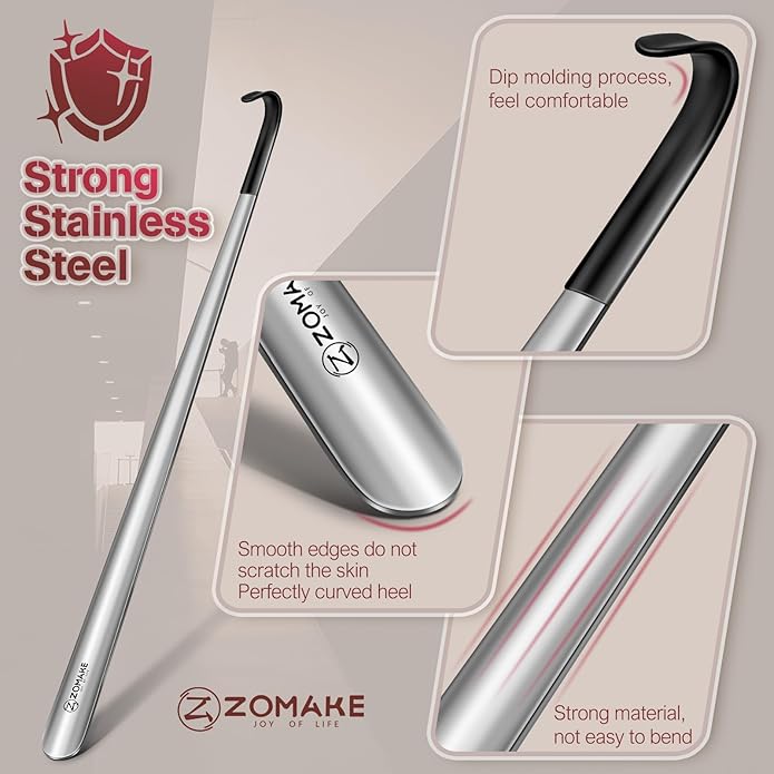 ZOMAKE Shoe Horn Long Handle for Seniors Men Women,Metal Long Shoehorn Boot Horn,16.5" Stainless Steel Shoe Spoon Helper
