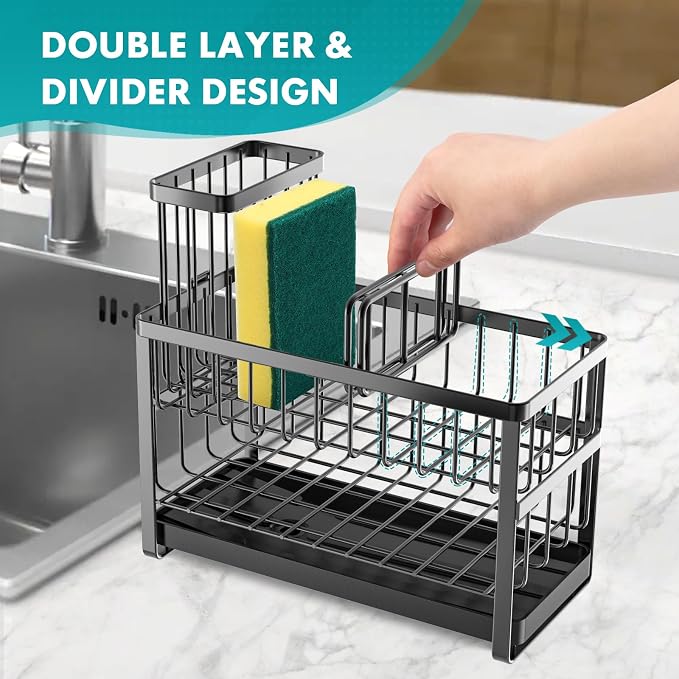 Sinnsally Kitchen Sponge Holder,Sink Caddy Organizer with High Brush Holder,Stainless Steel Sink Box Dish Scrubber Holder,Soap Tray for Kitchen Counter Accessories & Storage Rack(2 Tier - Black)