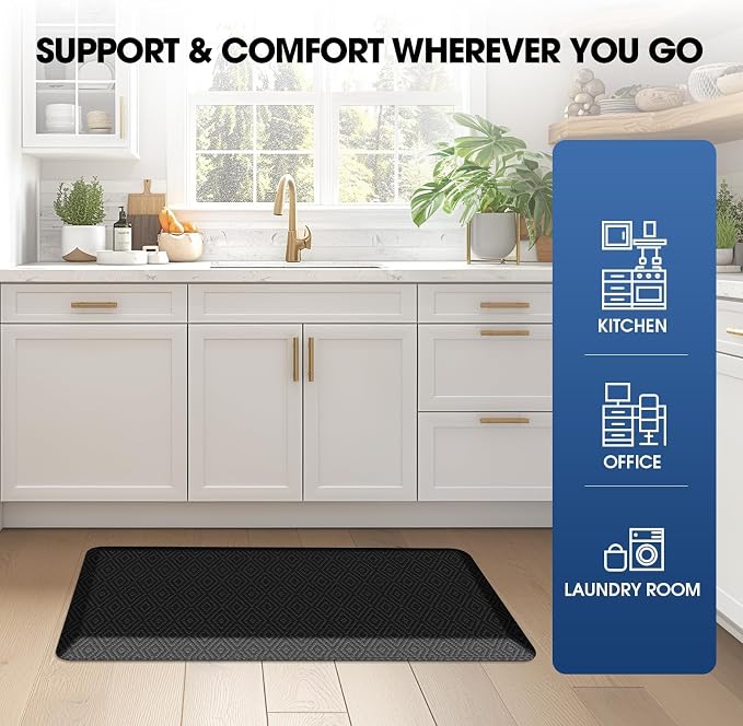 Mattitude Kitchen Mat Cushioned Anti-Fatigue Floor Mat Water Resistant Non-Slip Mats and Rugs Standing and Comfort Desk Mats for House Sink Office Laundry (Black, 17.3"x28")