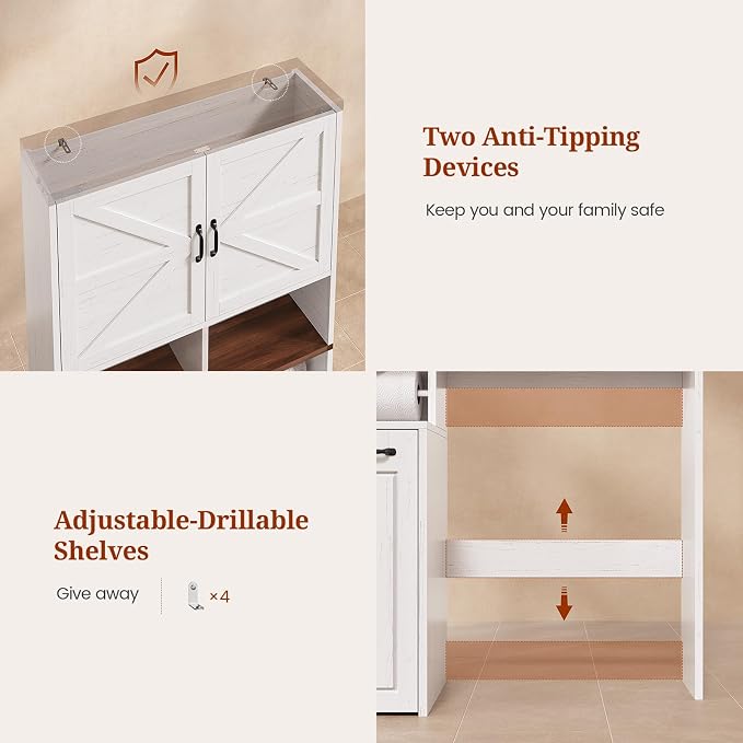 UPOSOJA Farmhouse Over The Toilet Storage Cabinet with Pulley Small Bathroom Storage Cabinet, Space Saver W/Adjustable Shelf & Open Shelf for Bathroom, Restroom, Laundry (White Brown-Type B)