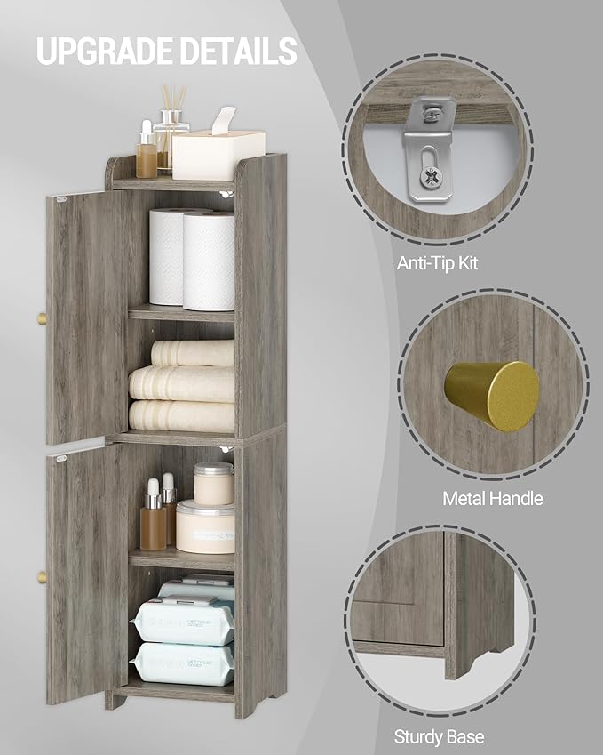 Hzuaneri Bathroom Storage Cabinet, Small Corner Floor Cabinet with 2 Doors and Adjustable Shelf, Narrow Toilet Paper Cabinets, Bathroom Organizer for Small Spaces, 7.9" D x 7.9" W x 29.5" H Greige