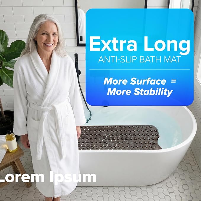 SlipX Solutions Power Grip Extra Long Bath Tub & Shower Mat 39x16, Wet Floor Non-Slip for Elderly & Kids Bathroom, 30% Longer Bathtub Mats, 200 Suction Cups, Drain Holes (1, Translucent Bronze)