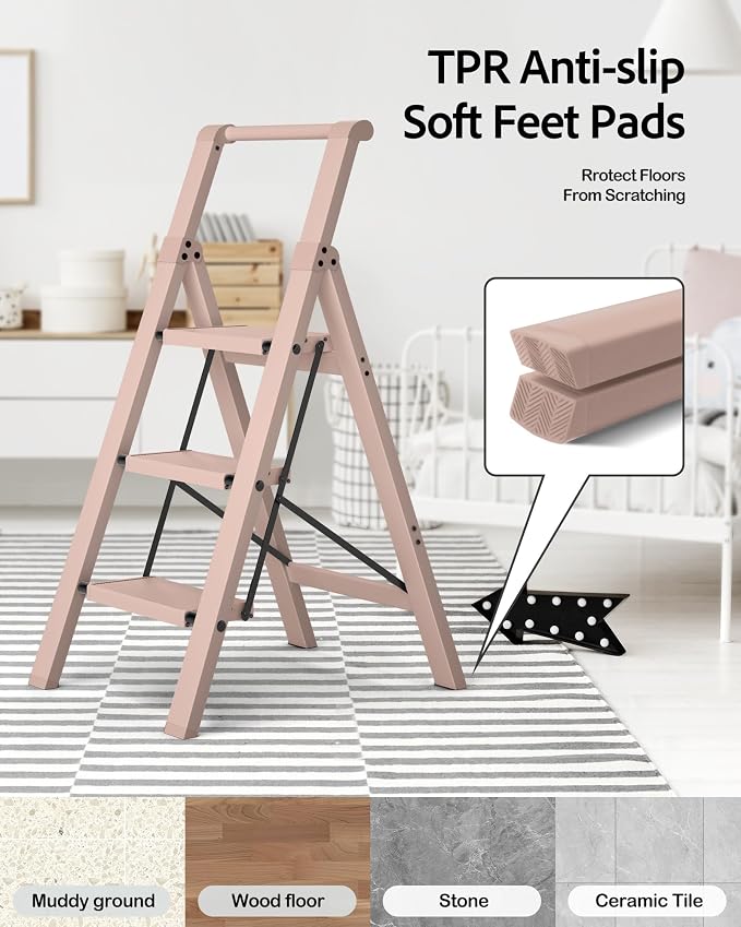 Taranta 3 Step Ladder, Lightweight Aluminum Step Stool with Convenient Handgrip, Folding Ladder with Anti-Slip Pedals, 330lbs Capacity Stepladder for Home, Office, Kitchen - Peach Pink