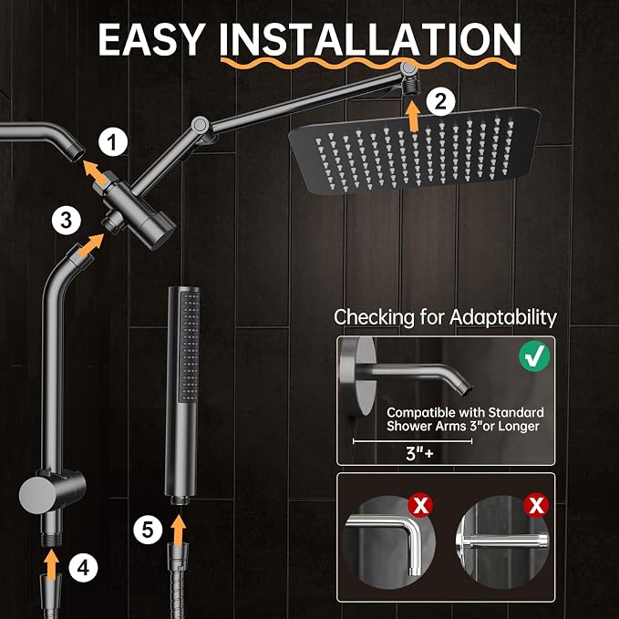 Veken All Metal 10" Shower Head with Handheld, Luxurious Square Double Rain Shower Heads with Spray Combo, Dual High Pressure Detachable Rainfall Showerhead with Extension Arm, Long Hose,Gunmetal Gray