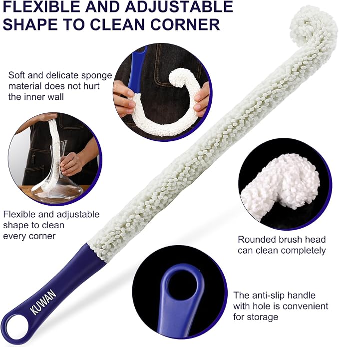 KUWAN Bottle Cleaning Brush Multi-Function Household Tools Flexible Bottle Scourer for Some Decanters, Goblets, Glasses, Cups (Long 3pcs)
