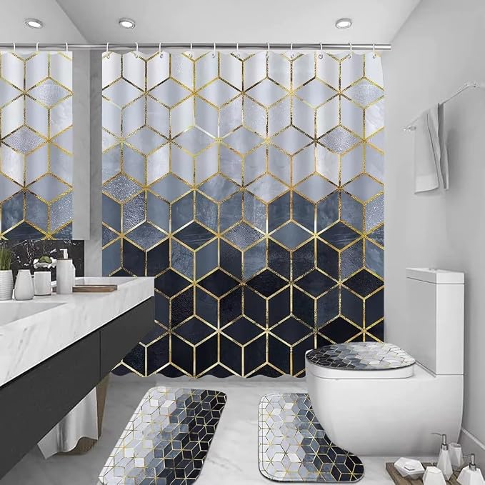 LQCOOL 4Pcs Blue Gradient Shower Curtain Set Modern Geometric Shower Curtain Set Golden Cubic Lines Bathroom Set (Blue)…