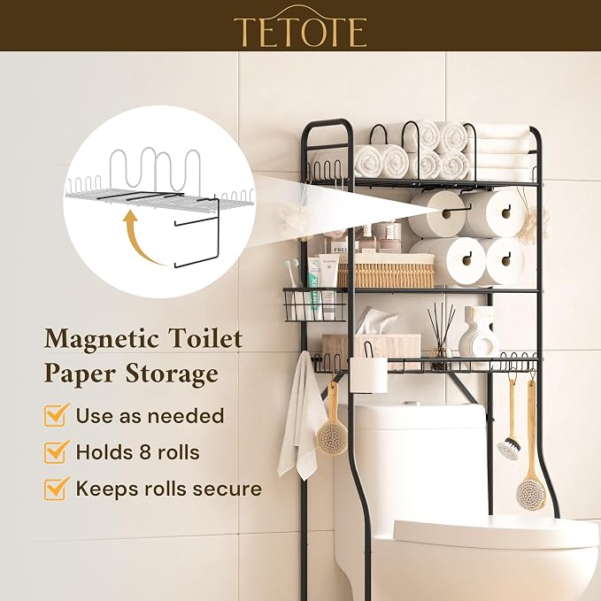TETOTE Over The Toilet Storage Rack, 3-Tier Bathroom Organizer Shelf Over Toilet with Toilet Paper Roll Holder, Freestanding Metal Rack, Black