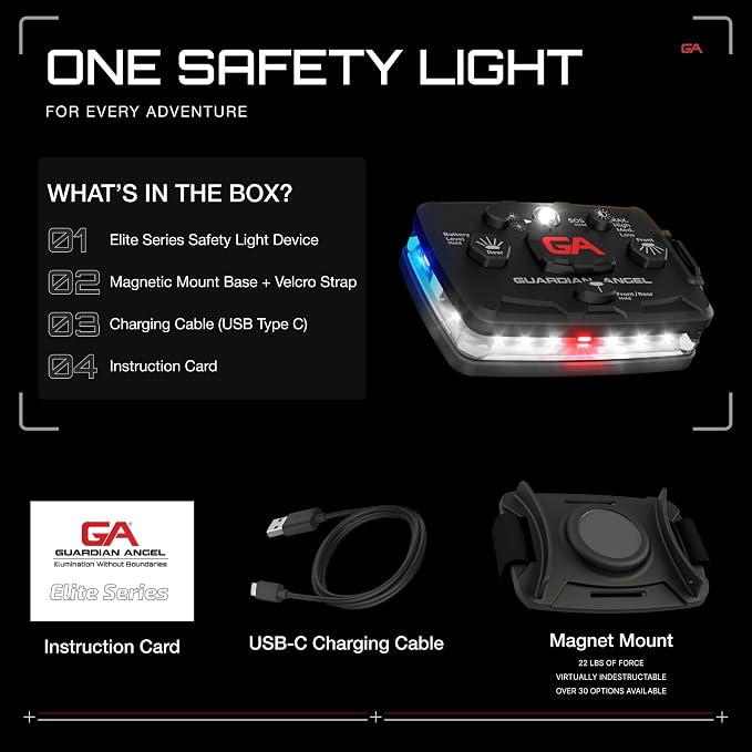 Guardian Angel Elite Series Safety Light (White Front & Blue/Yellow Rear) - Rechargeable, Magnetic, Hands-Free Wearable & Mountable LED Flashlight for Construction, Roadside, Towing, & Industrial PPE